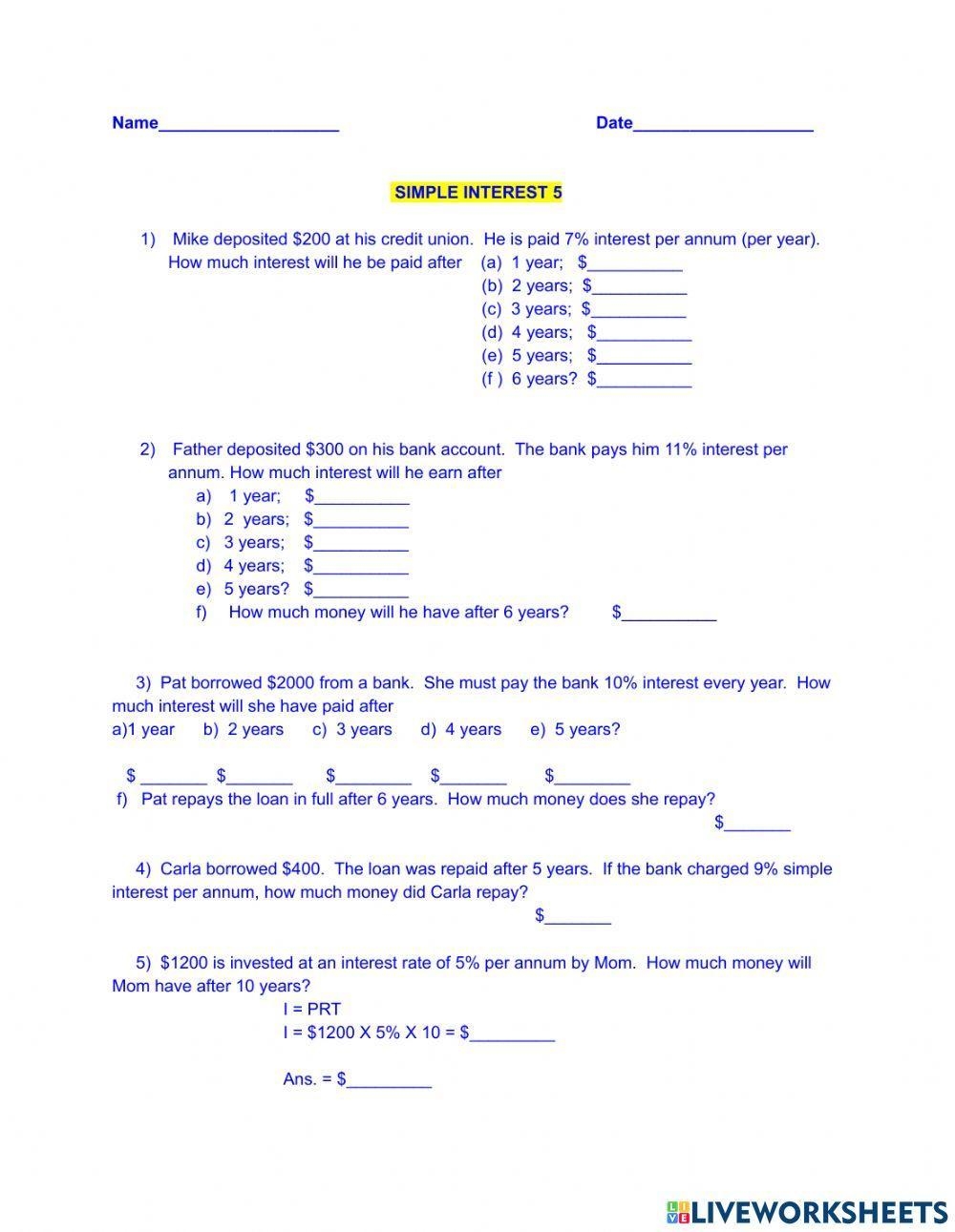 Simple Interest Worksheet 1 Worksheet Live Worksheets Worksheets 