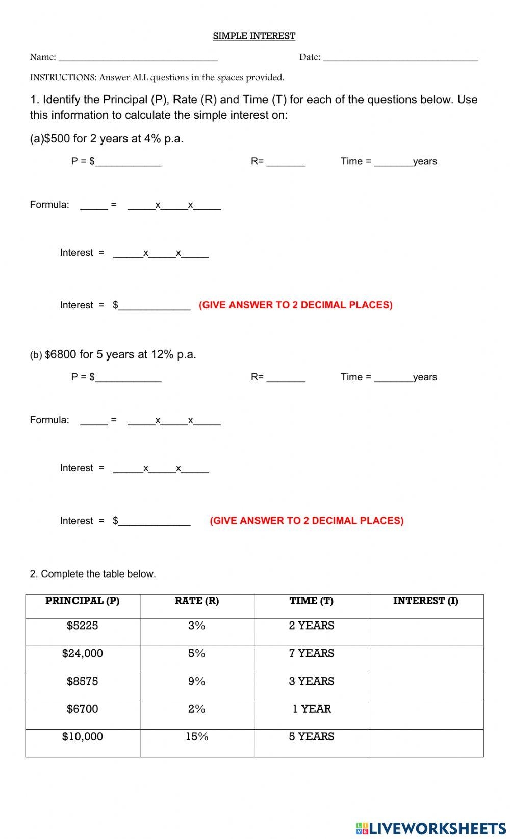 Simple Interest Worksheet 1 Worksheet Live Worksheets Worksheets