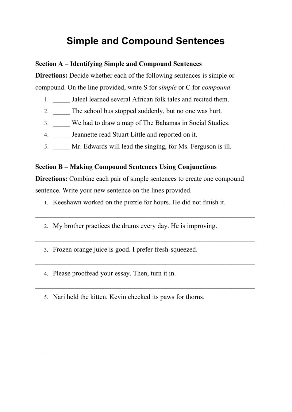 Simple Sentence Or Compound Sentence Worksheet Sentenceworksheets