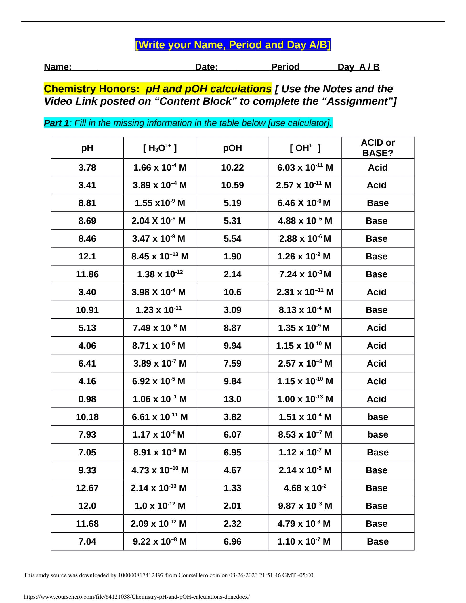 worksheet ph and poh calculations
