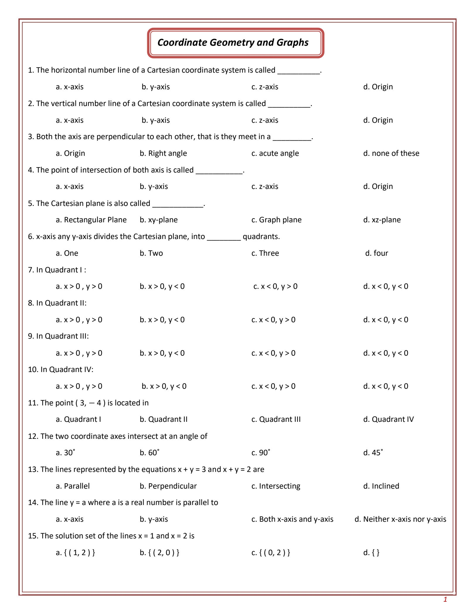 SOLUTION Coordinate Geometry And Basics Of Graphs Mcqs With 