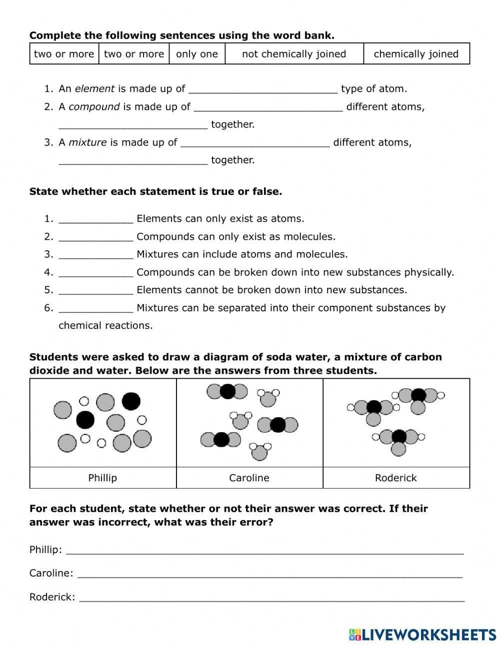compound mixture element worksheet