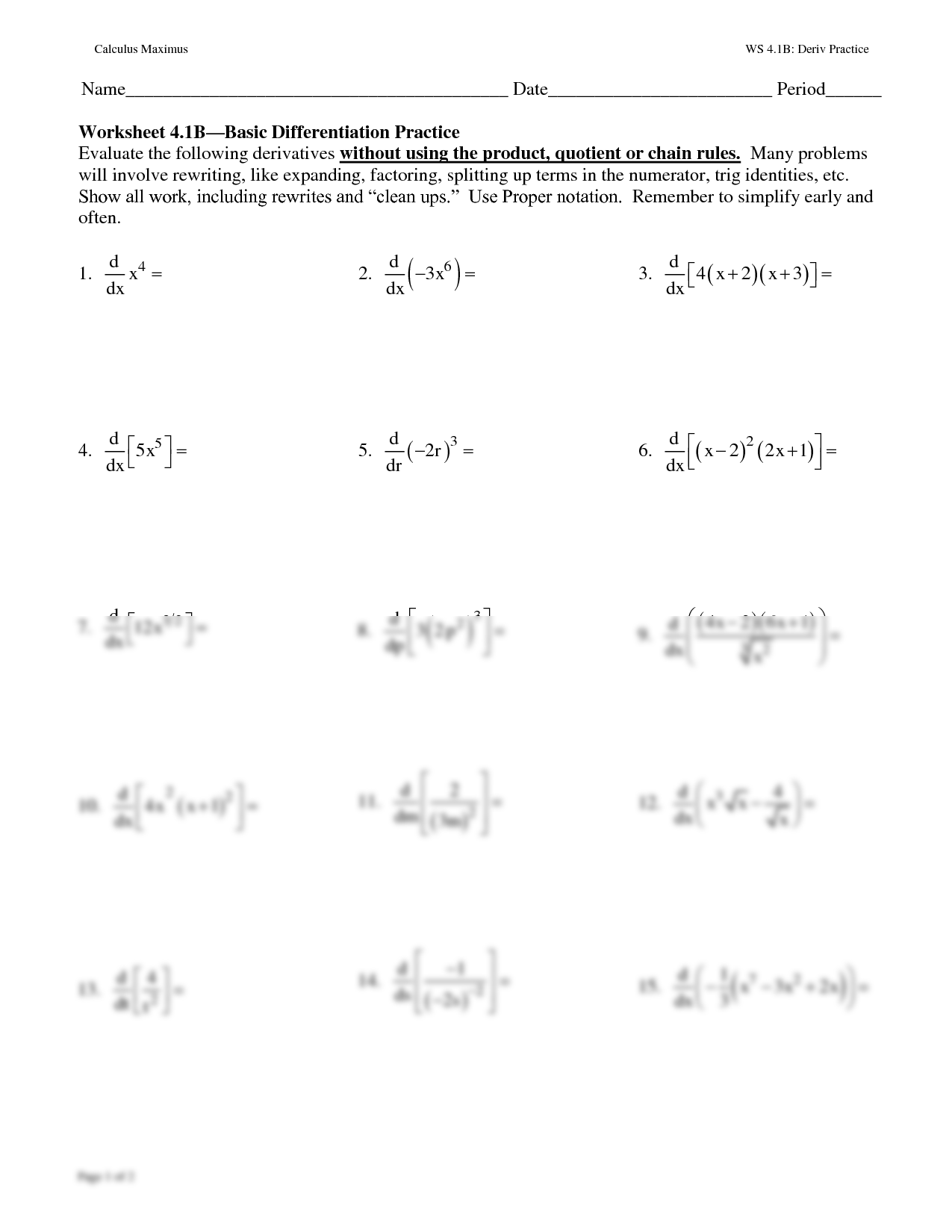 SOLUTION Hw Basic Derivative Practice 1 Studypool Worksheets Library