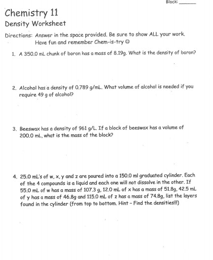 Solved Block Chemistry 11 Density Worksheet Directions Chegg