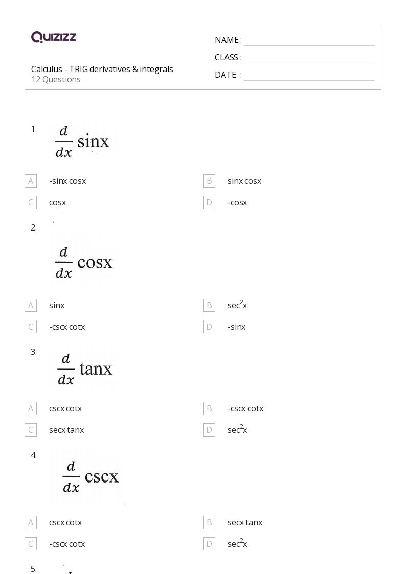 worksheet on derivatives