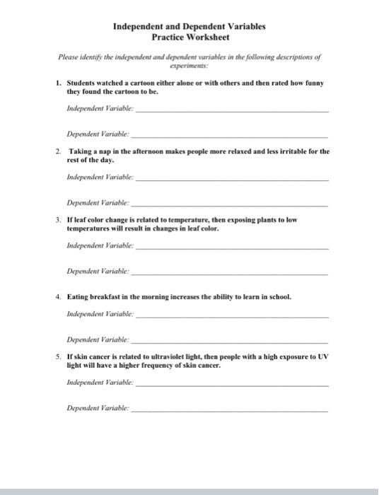 Solved Independent And Dependent Variables Practice Chegg 