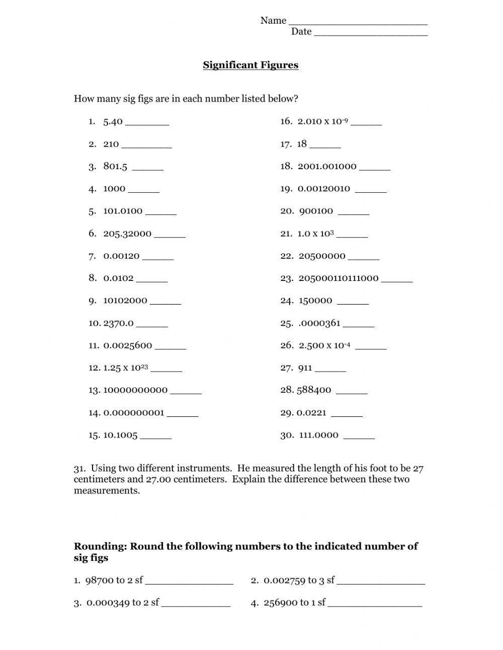 Solved SIGNIFICANT FIGURES WORKSHEET Determine The Number Of 