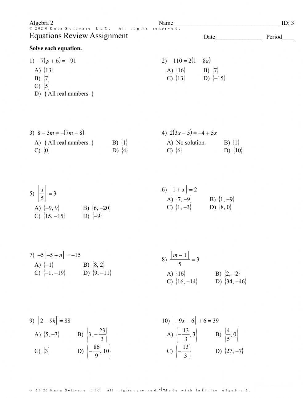 worksheet on absolute value equations