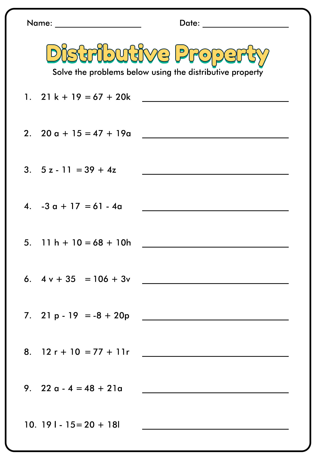 distributive property equations worksheet