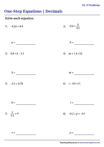 Solving One Step Variable Equations Worksheet Tessshebaylo
