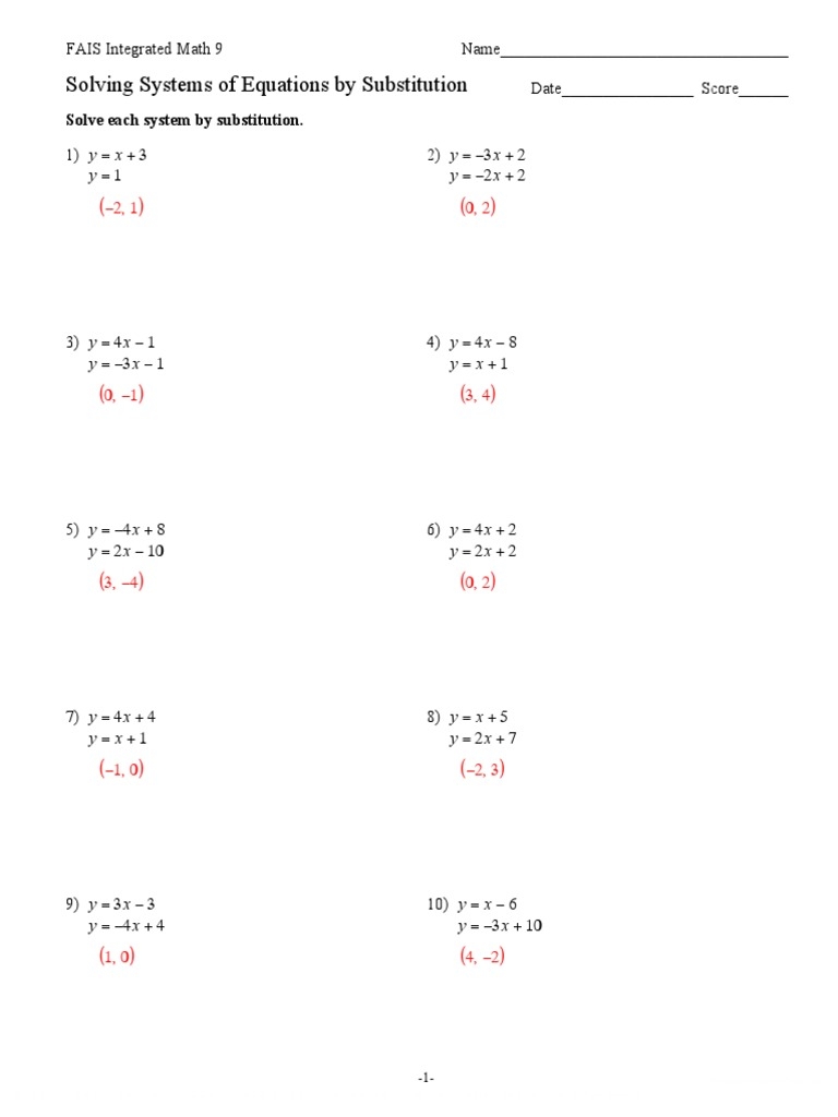 Solving Systems Of Equations By Substitutions ANSWER PDF 