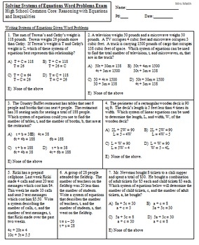 word problems for systems of equations worksheet