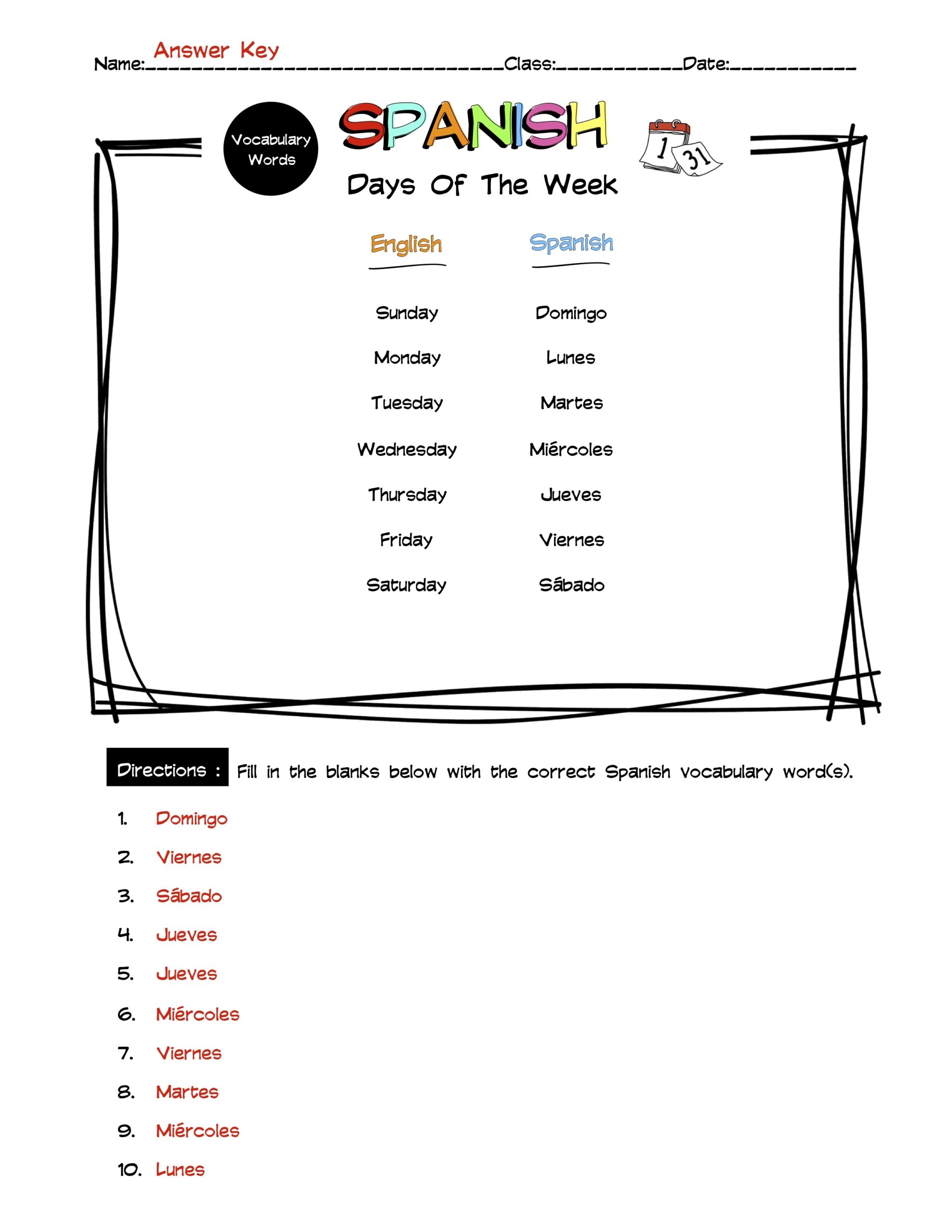 Spanish Days Of The Week Vocabulary Word List Worksheet Answer Key