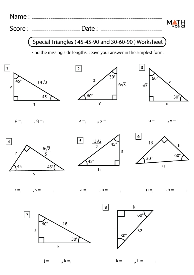 Special Triangles Worksheets Math Monks