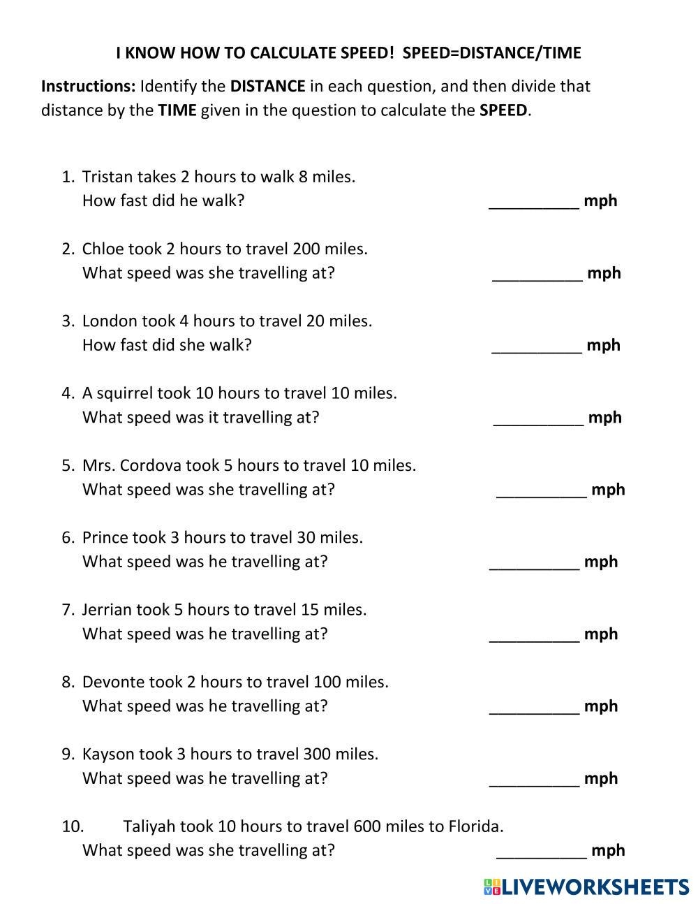 calculating speed worksheet