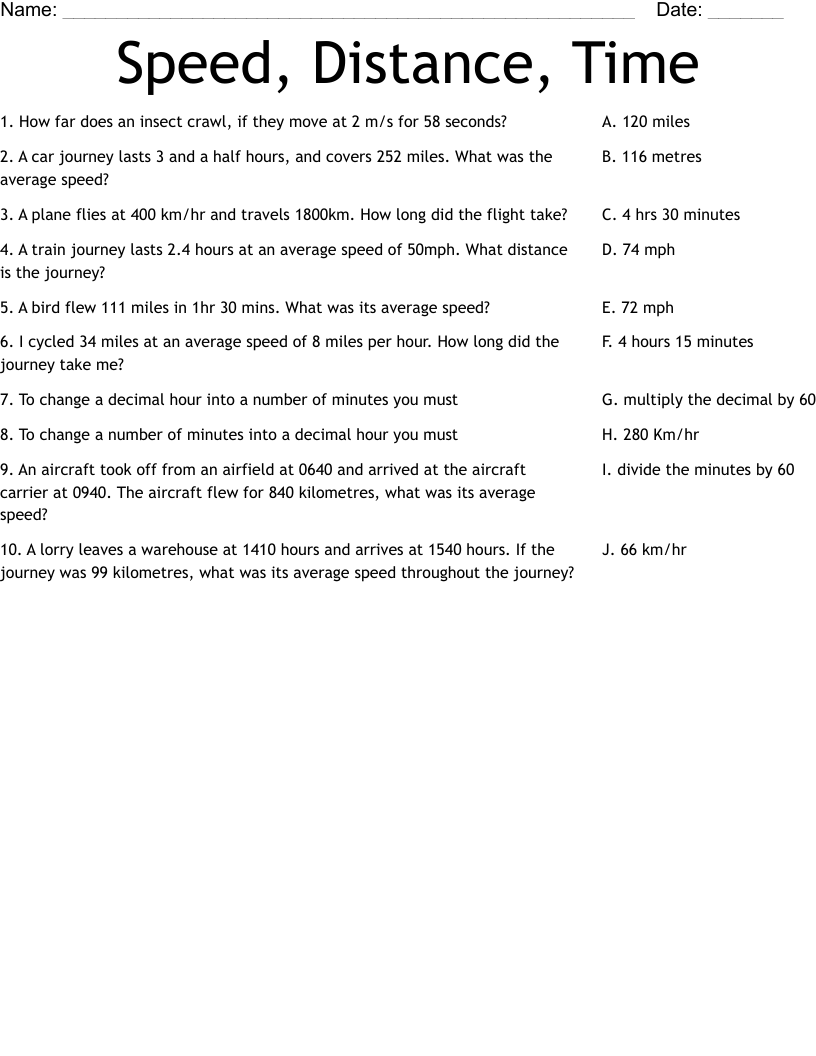 Speed Distance Time Worksheet WordMint Worksheets Library