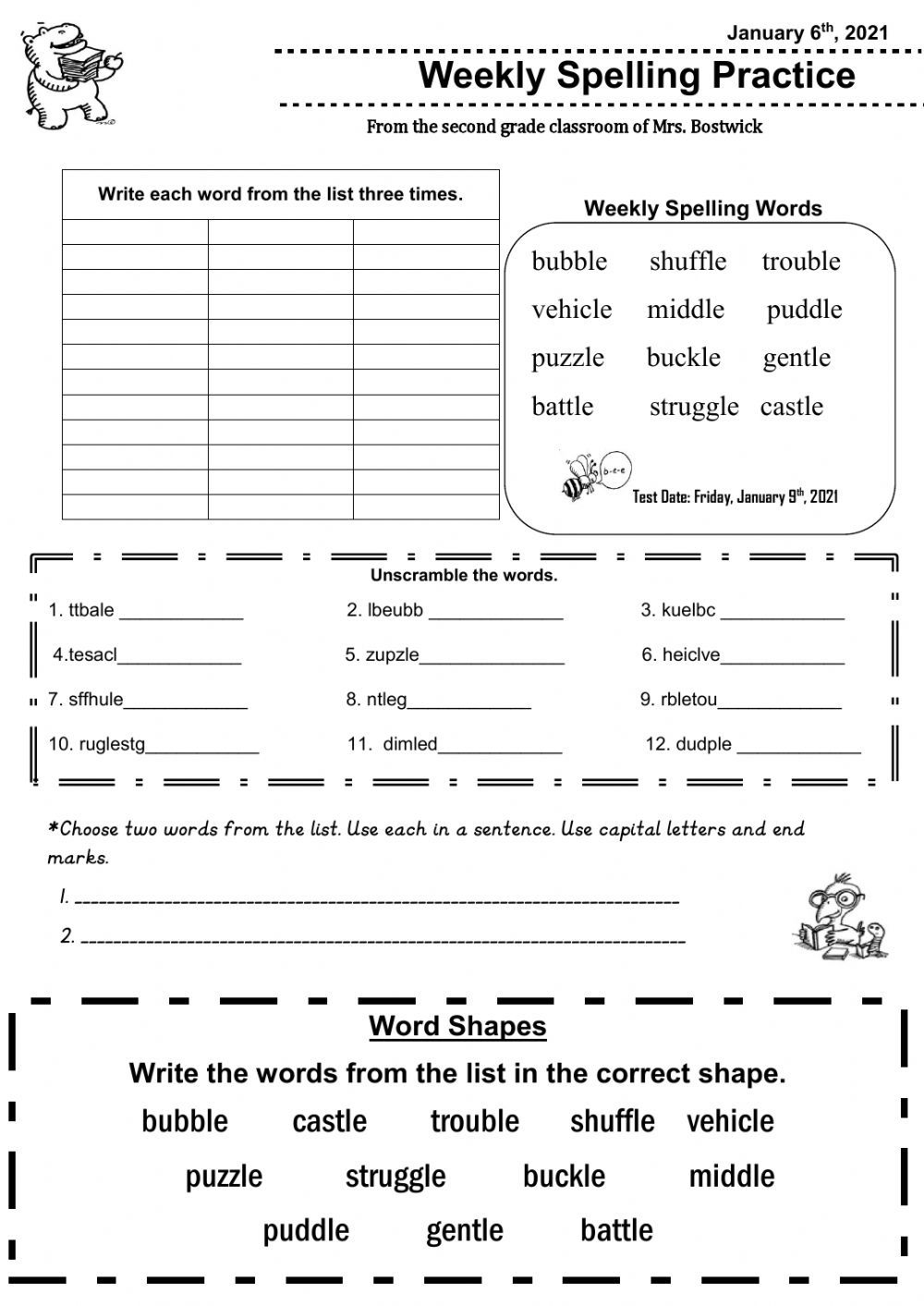 Spelling Practice With Consonant le Words