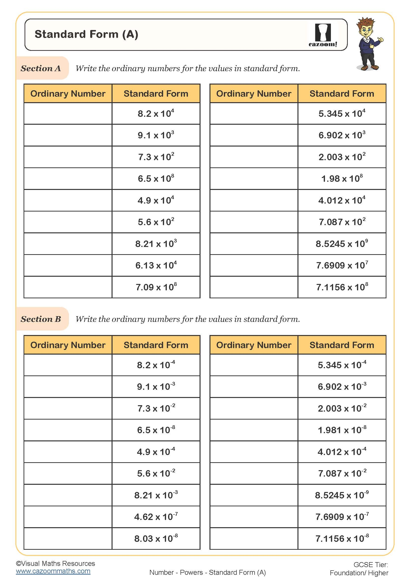 Standard Form A Worksheet Printable Maths Worksheets Worksheets 