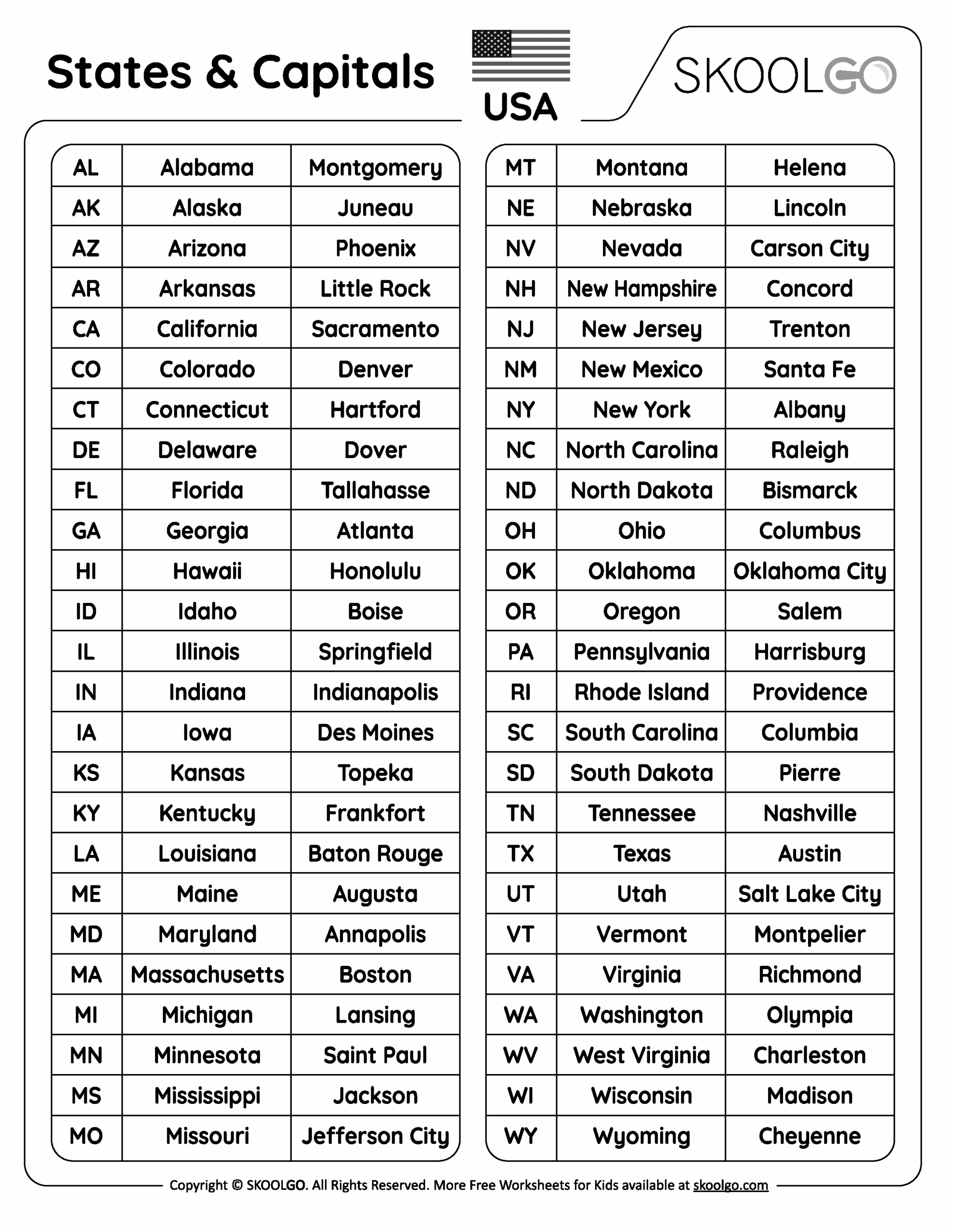 States And Capitals Free Worksheet For Kids SKOOLGO Worksheets 