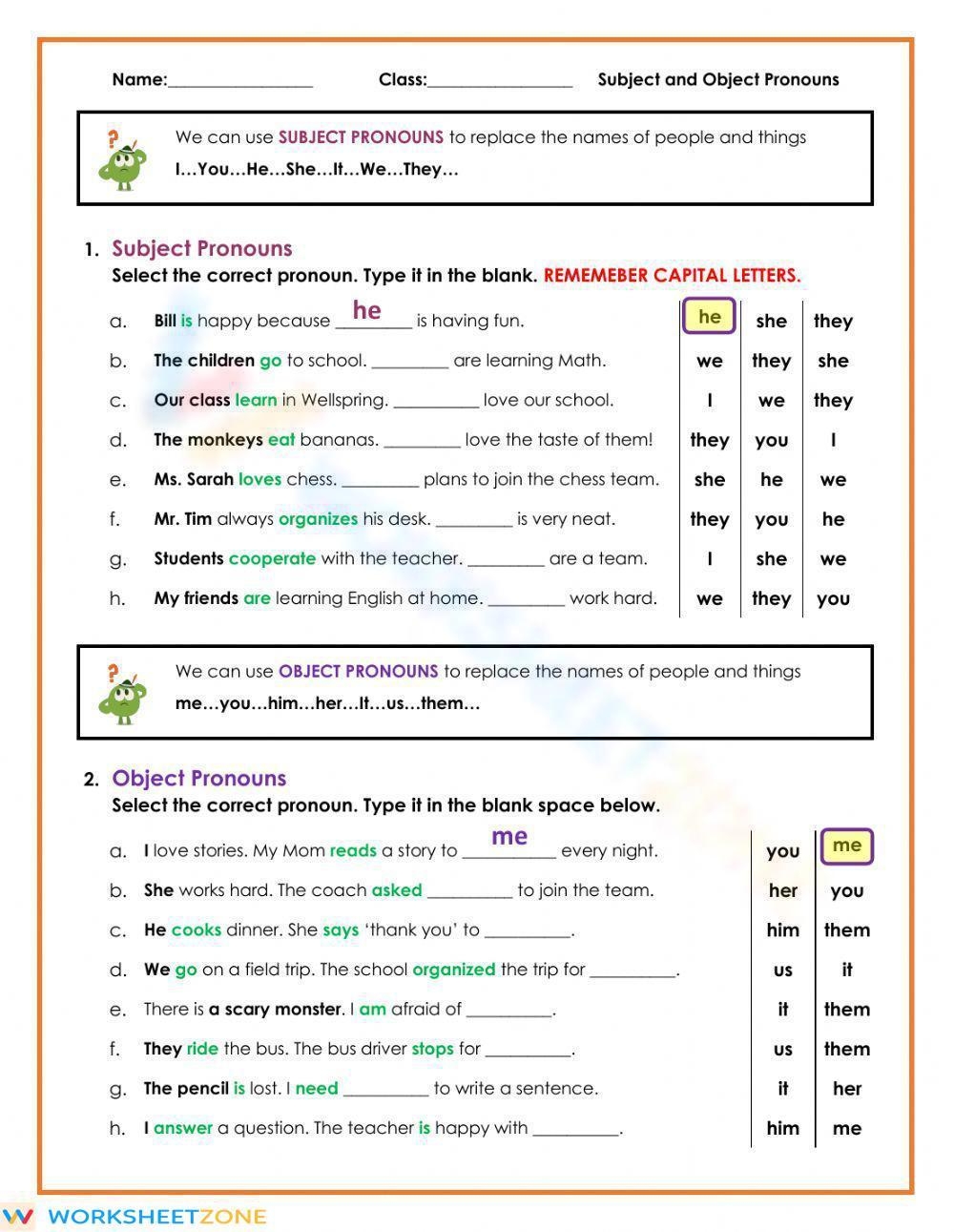 subject and object pronouns worksheet