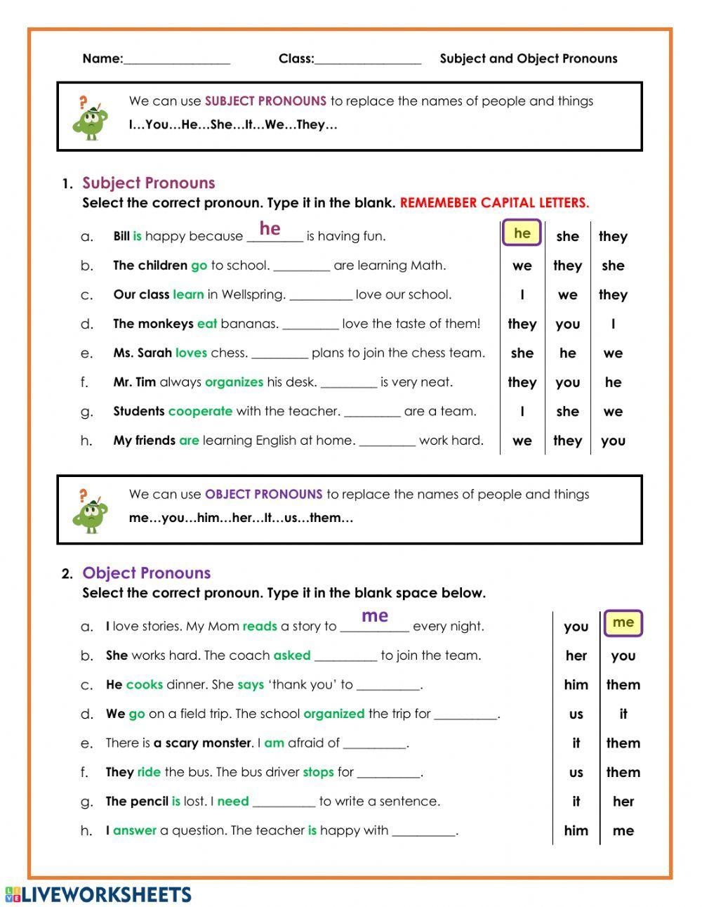 Subject Object Pronouns Interactive Worksheet Edform Worksheets Library