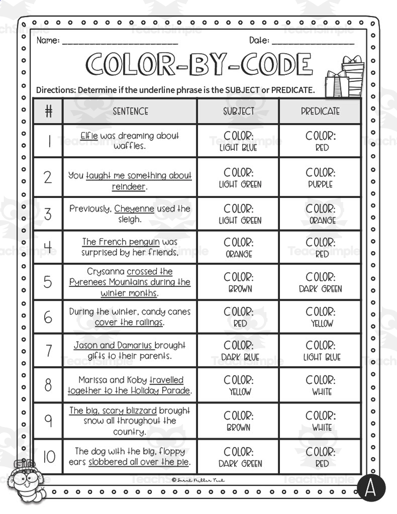 Subject Predicate Christmas Color By Code Worksheets Worksheets Library