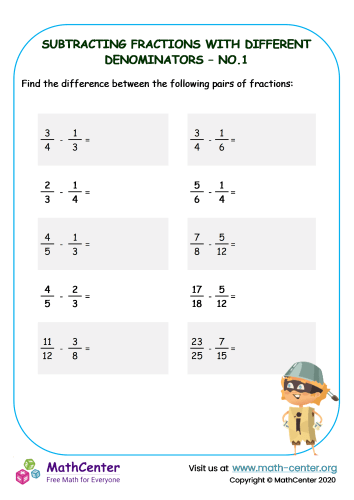 Subtracting Fractions different Denominators Worksheet No 1 
