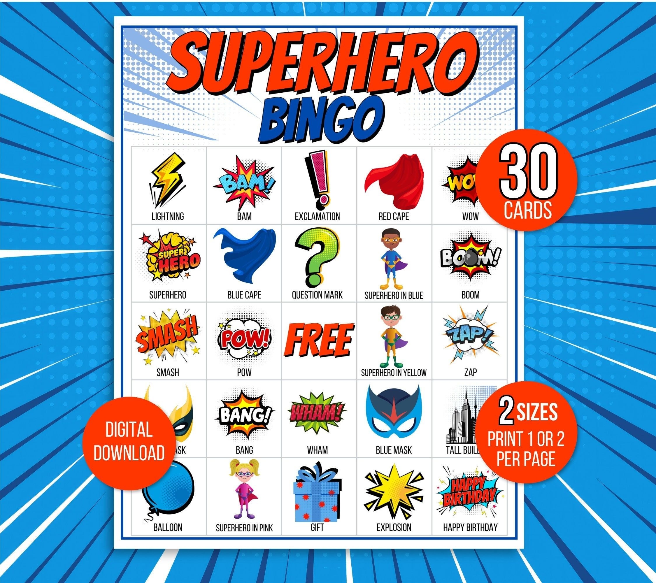 Superhero Bingo 30 Superhero Bingo Cards Superhero Game Superhero 