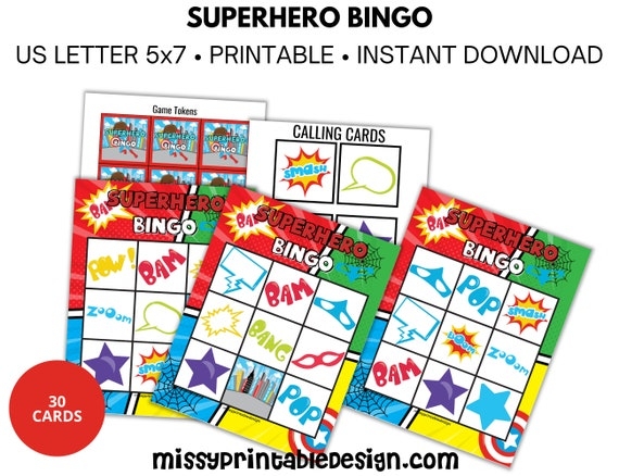 Superhero Bingo Cards Printable Superhero Bingo Game School Game 