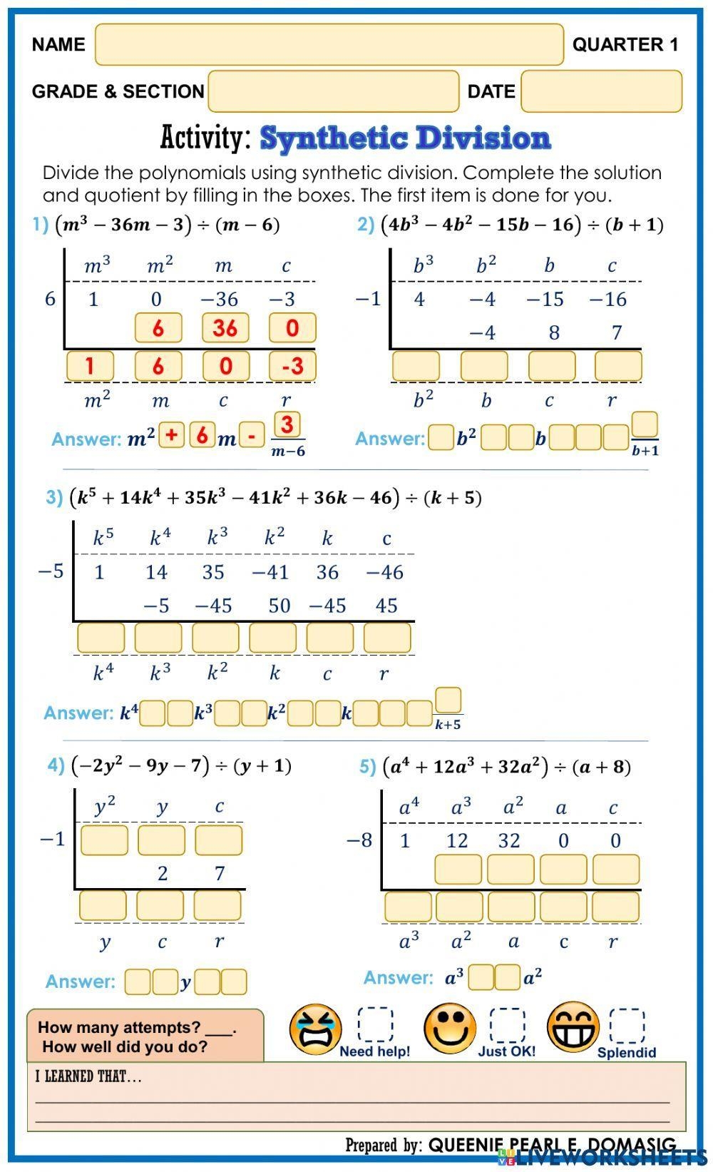 worksheet on synthetic division