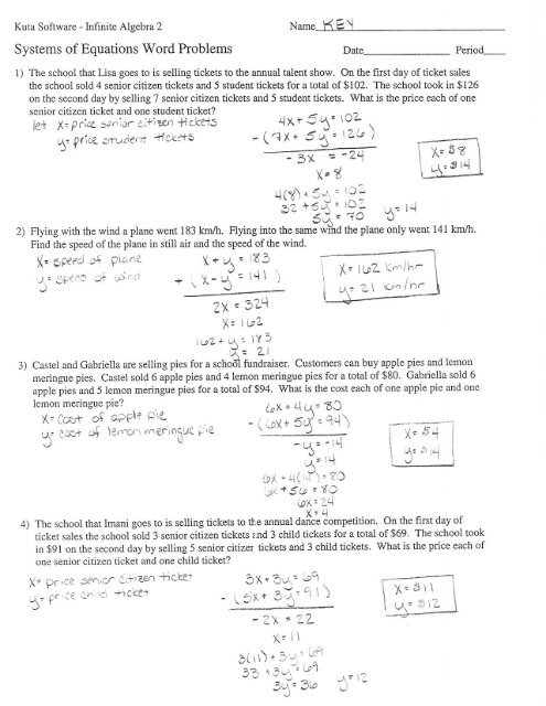 Systems Of Equations Word Problems KEY Worksheets Library