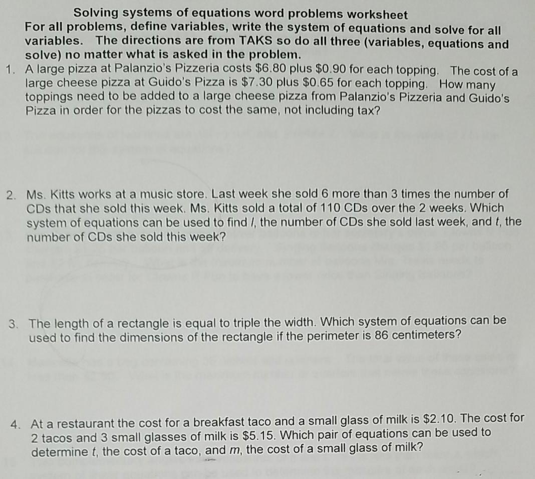 Systems Of Equations Word Problems Systems Of Equations Word 