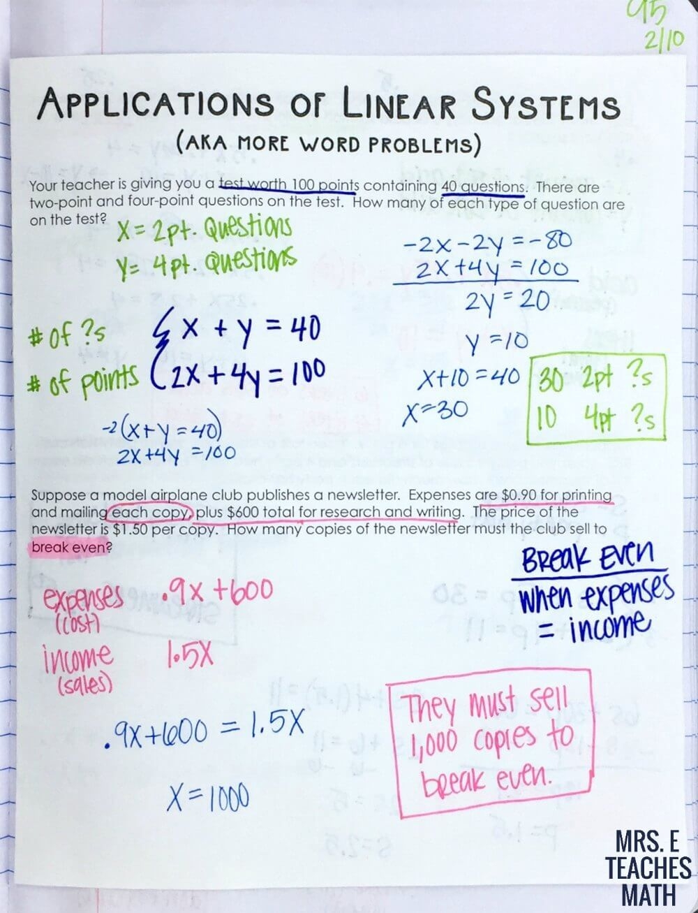 Systems Of Linear Equations Word Problems Worksheet