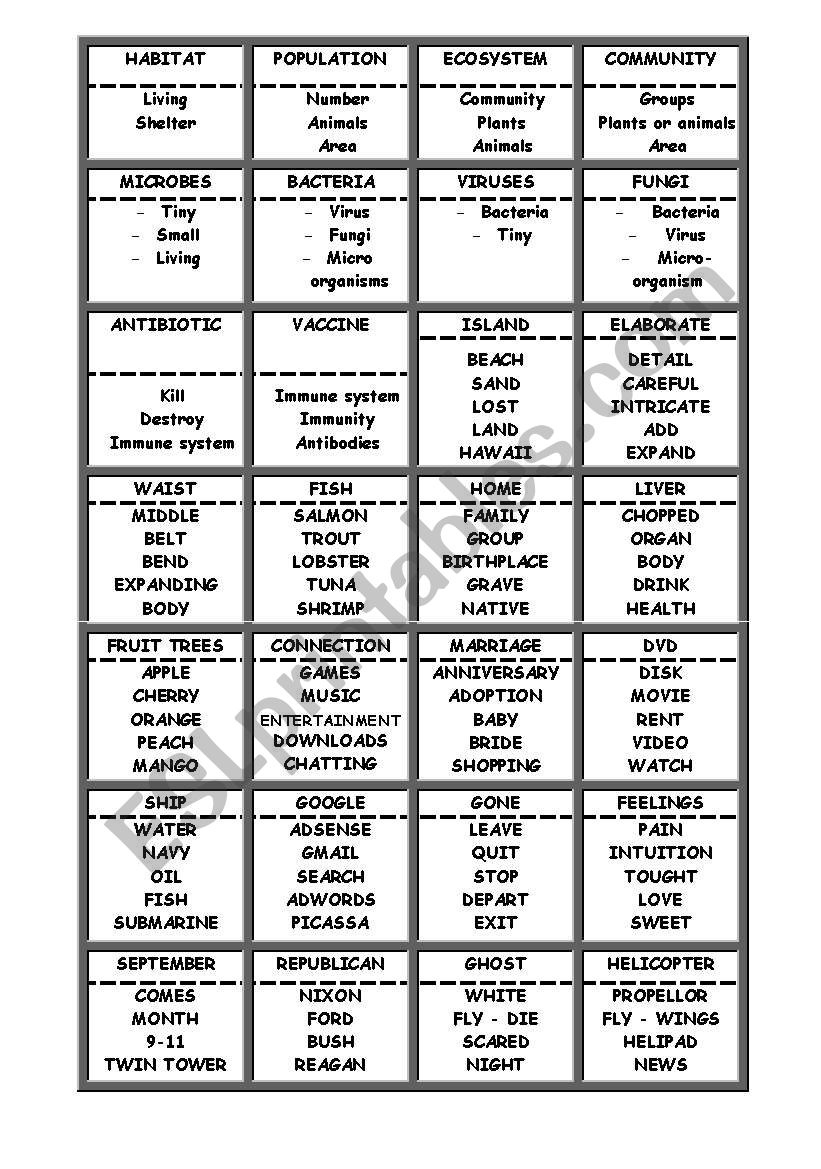 Taboo Game Cards ESL Worksheet By Haticeozgan