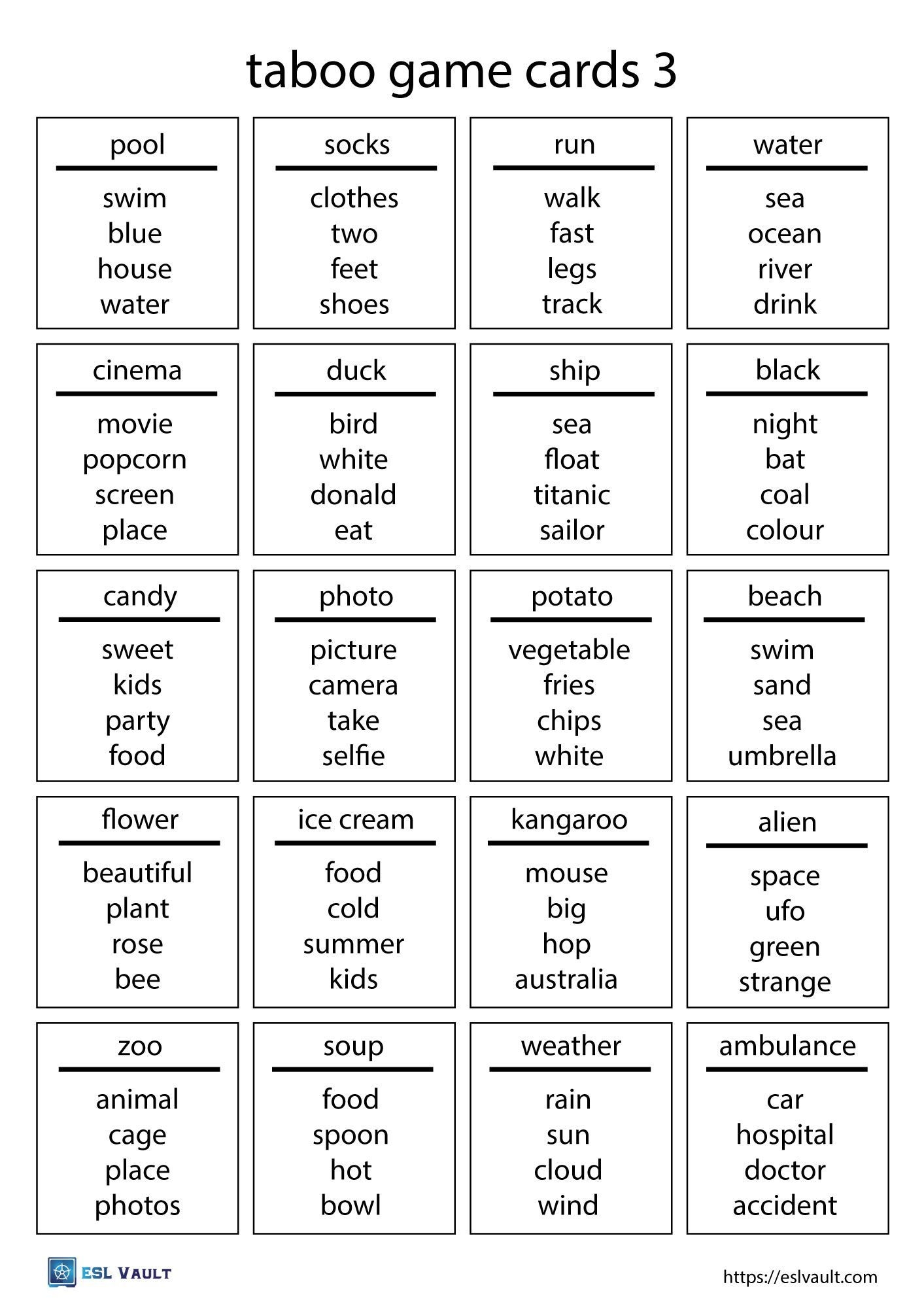 taboo game printable cards