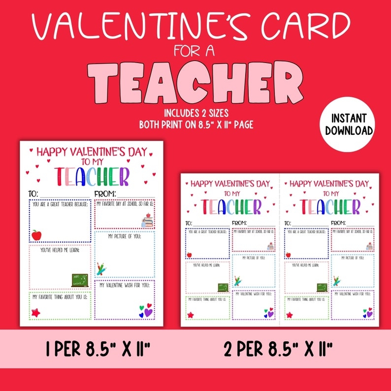 Teacher Valentines Card Printable Kids Valentines Card For Teachers 