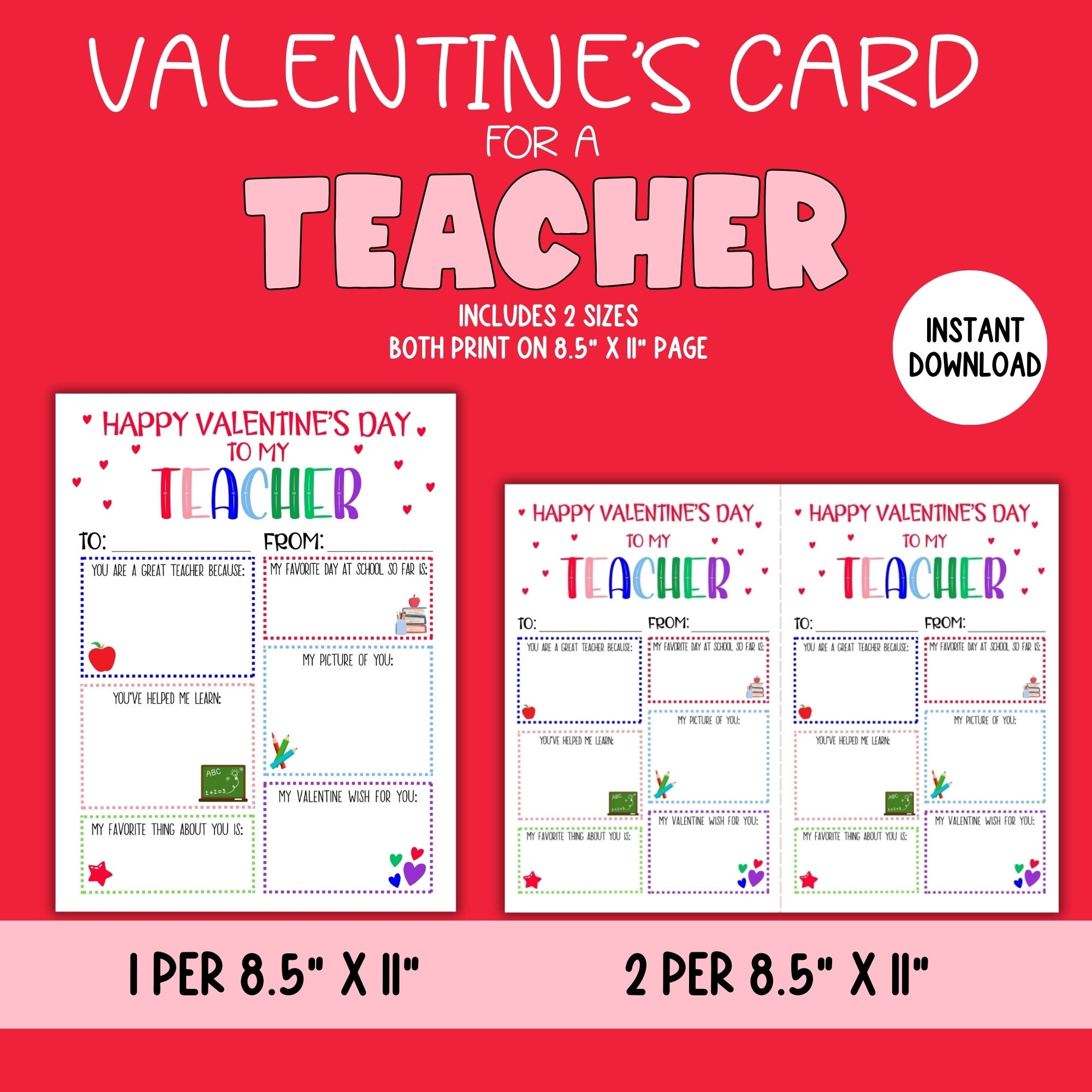 Teacher Valentines Card Printable Kids Valentines Card For Teachers