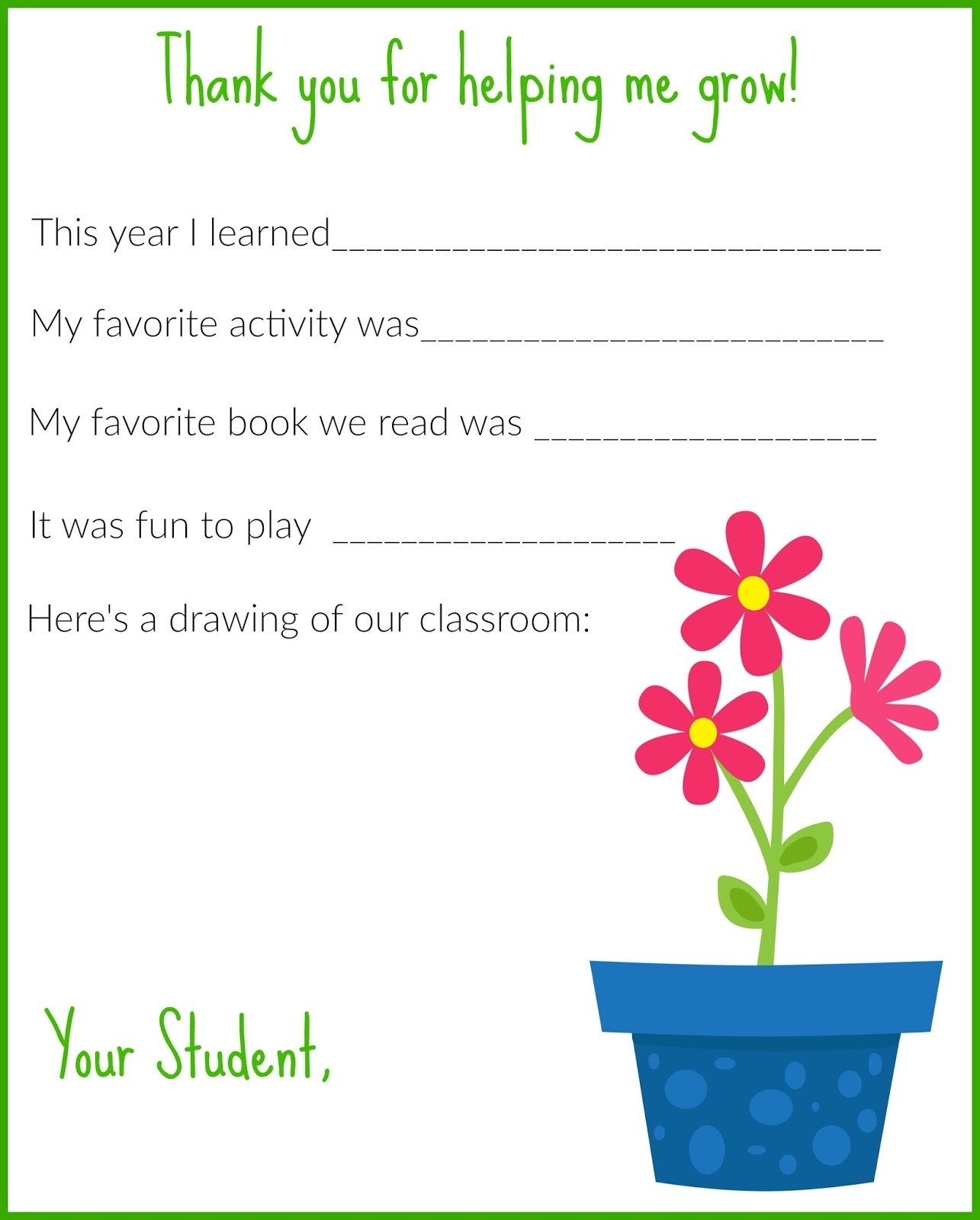 thank you card printable for teacher