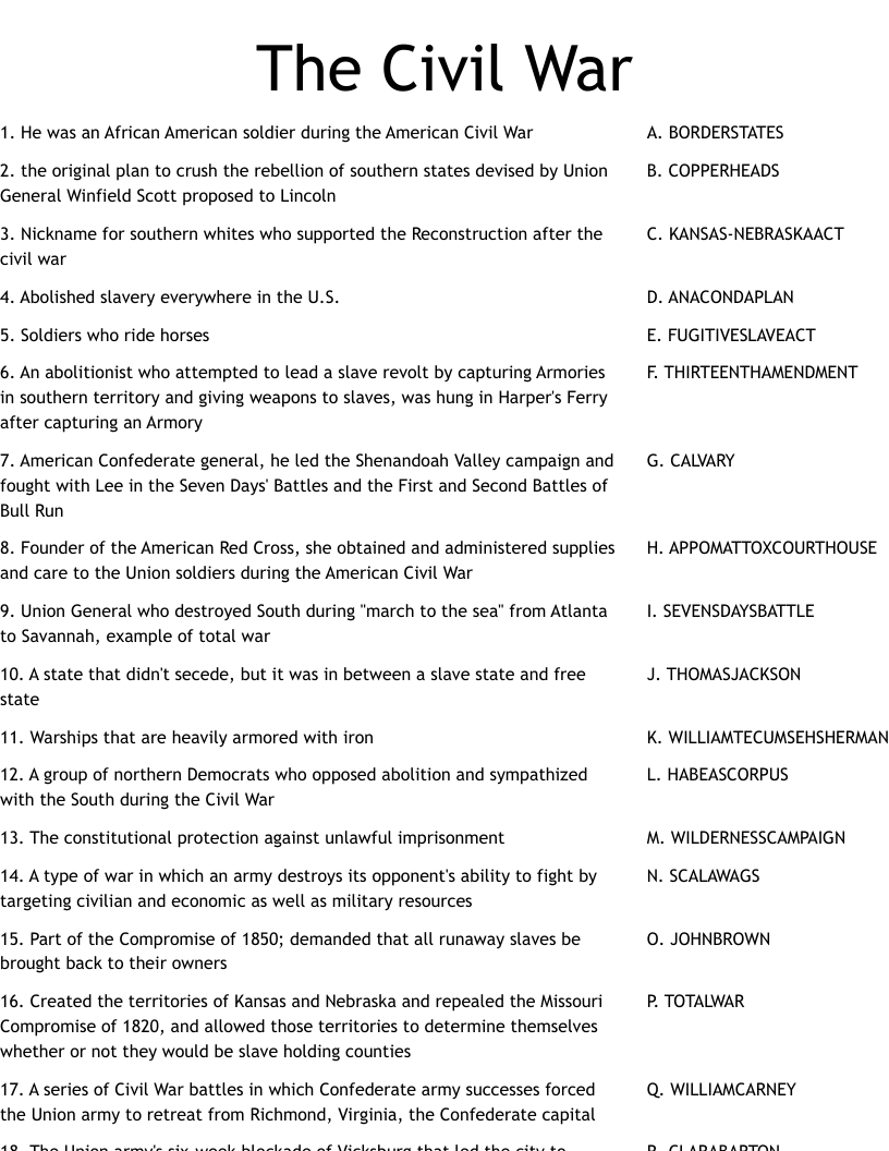 THE AMERICAN CIVIL WAR Word Search Puzzle Worksheet 4th 5th 6th 
