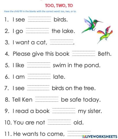 To Too And Two Worksheet Live Worksheets Worksheets Library
