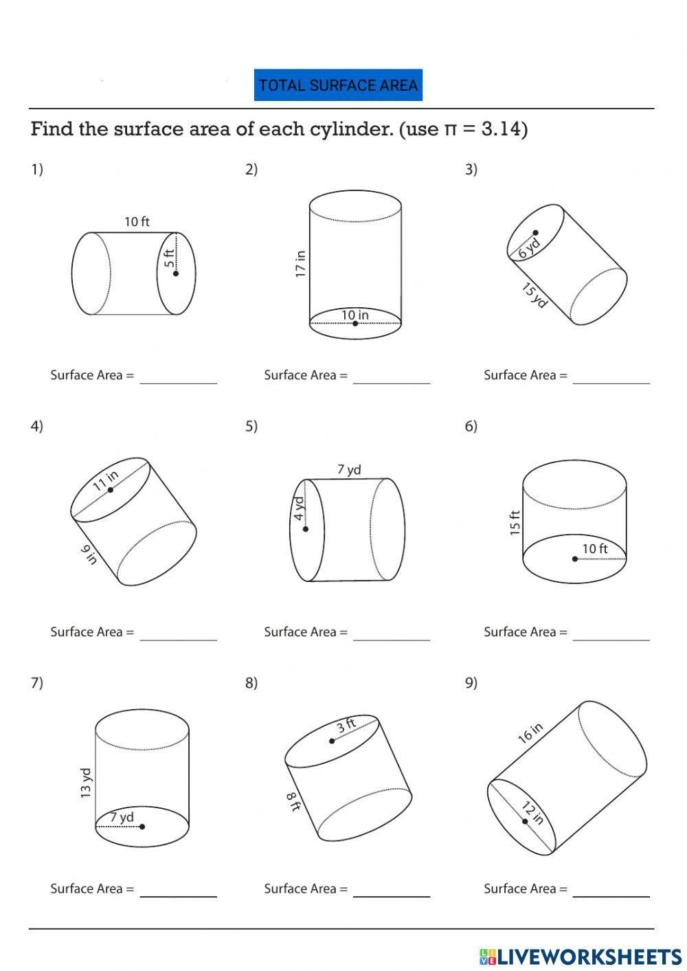 Total Surface Area Of A Cylinder Worksheet Live Worksheets 