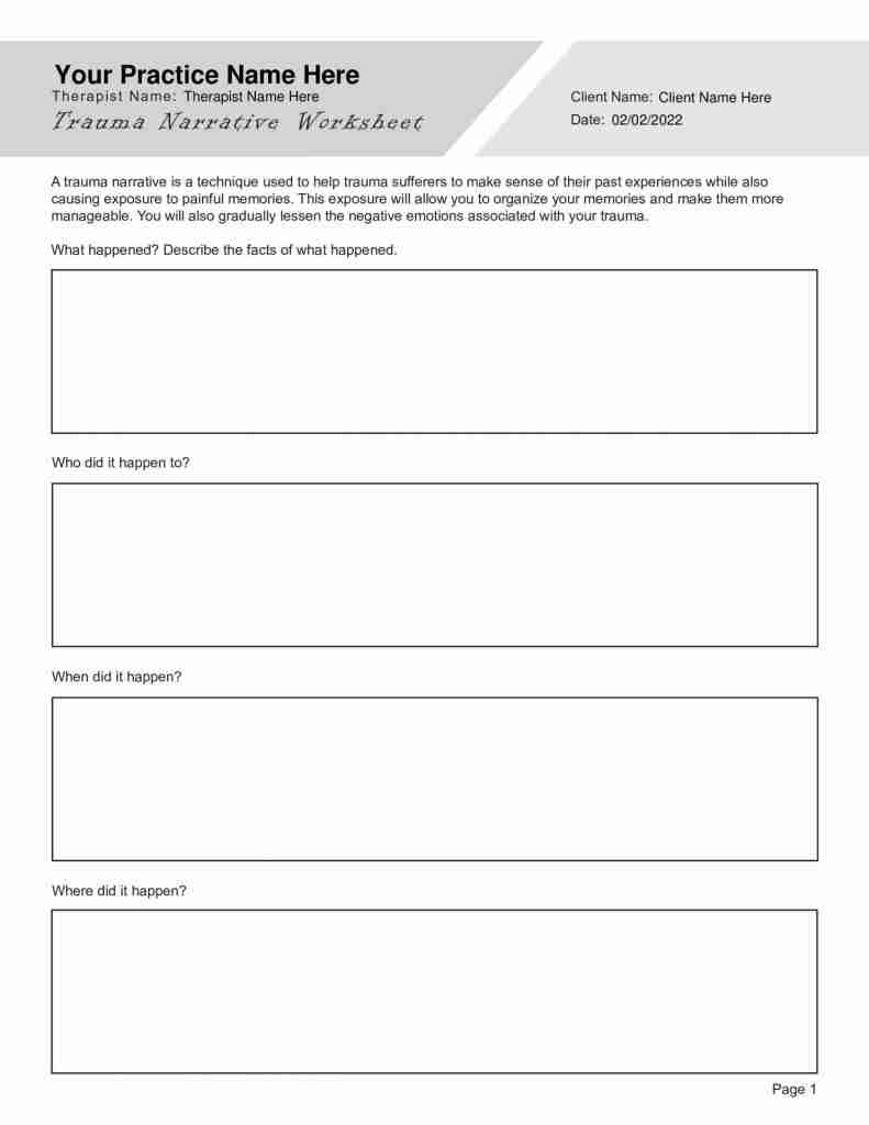 Trauma Narrative Worksheet Editable Fillable Printable PDF 