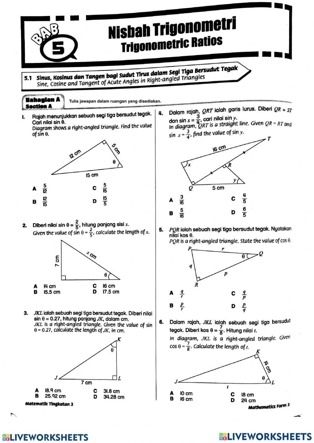 Trigonometric Ratios Worksheet Live Worksheets Worksheets Library