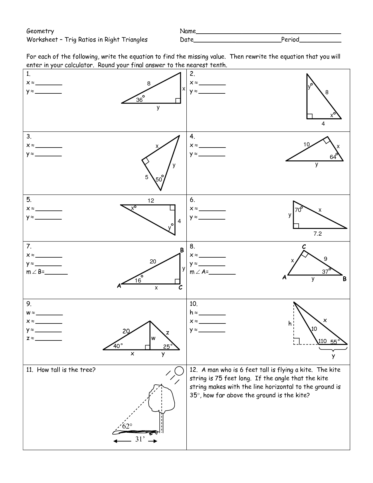 trigonometry of right triangles worksheet