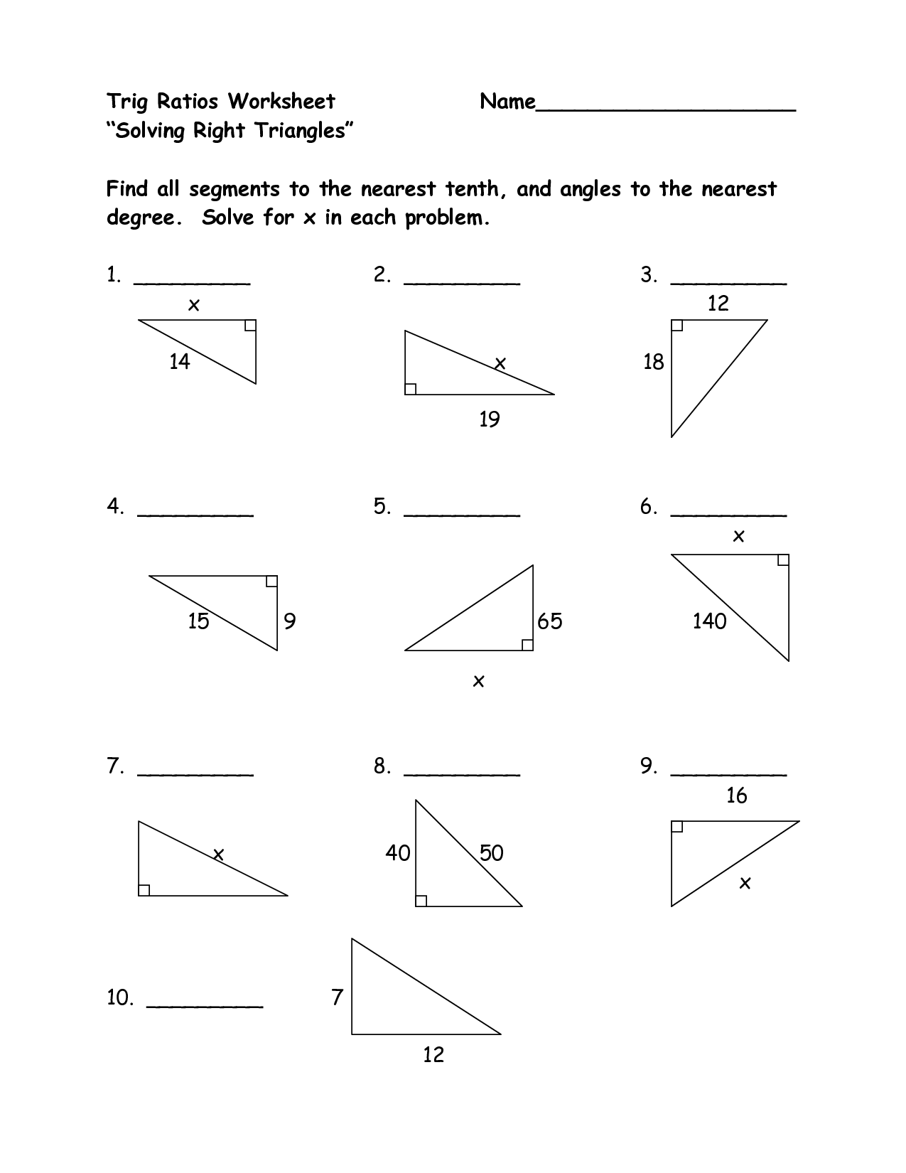 Trigonometry Ratios In Right Triangles Worksheet Printable PDF Template