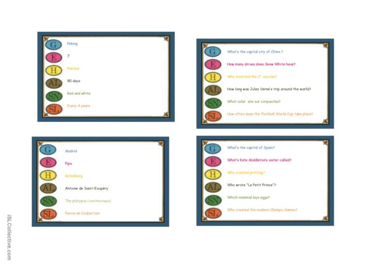 Trivial Pursuit Cards examples English ESL Worksheets Pdf Doc