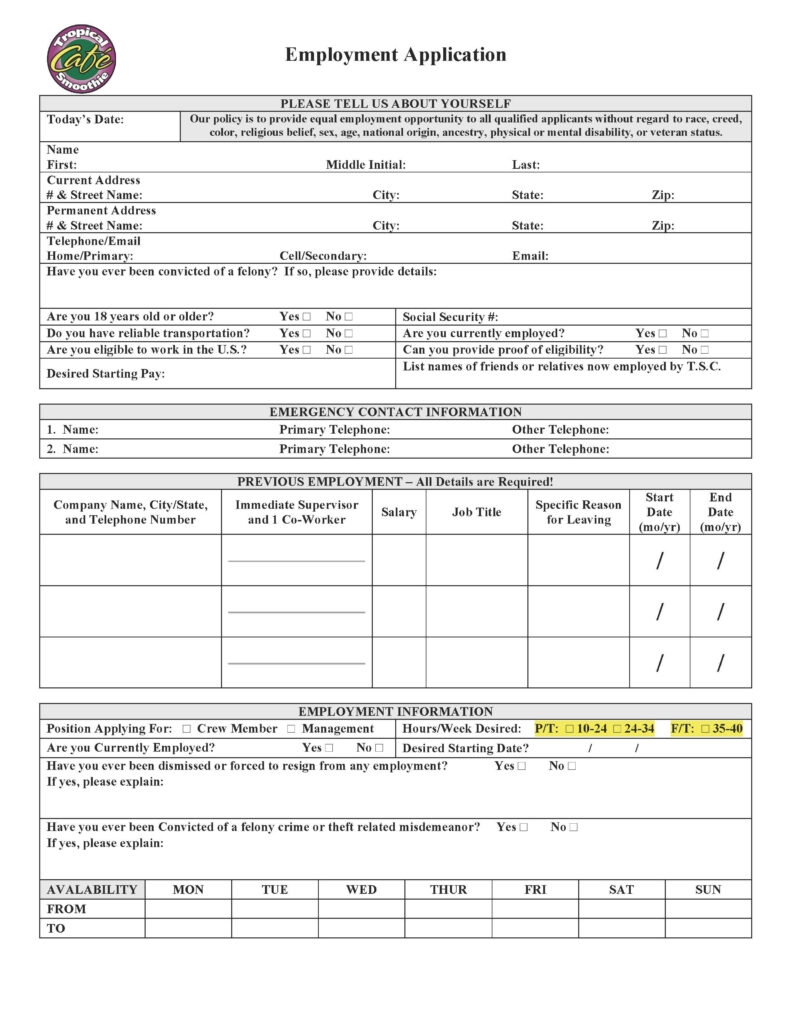 Tropical Smoothie Printable Application Form Printable Form 2024