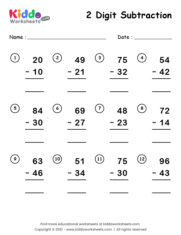 Two Digit Subtraction Worksheets Worksheets For Kindergarten