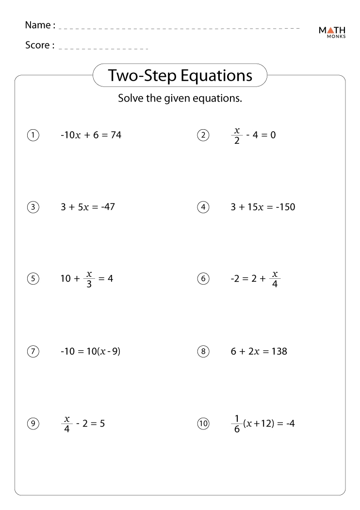 Two Step Equations Worksheets Math Monks Decimalworksheets