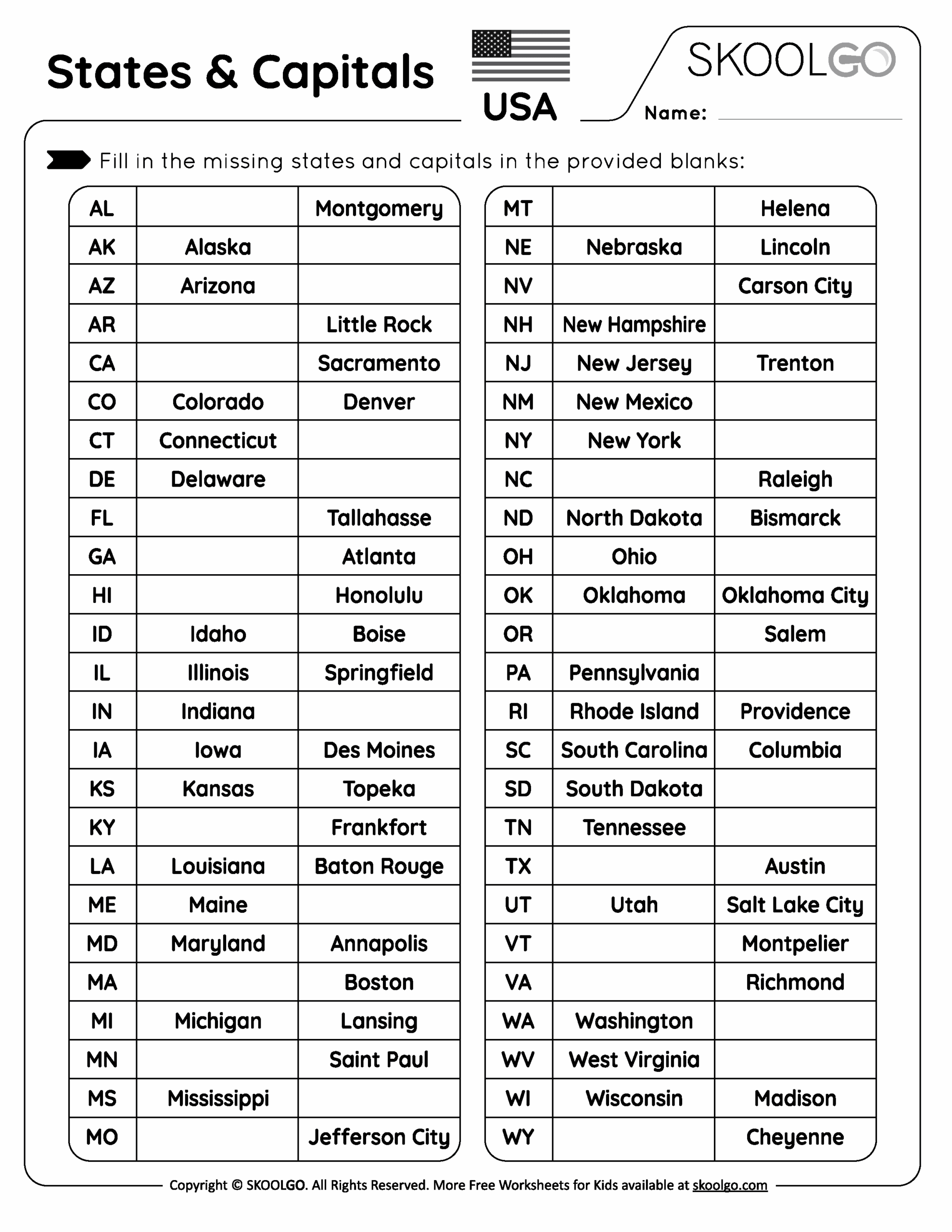 us states and capitals worksheet